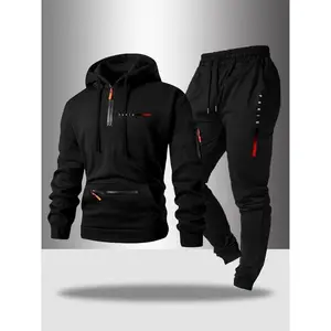Men's Hooded Sweatshirt Set with Zipper Pockets, Letter Print, Casual Fitted Design, Fall & Winter Streetwear, Multiple Colors Available
