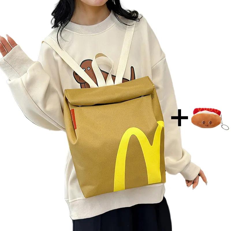 McDonald's Retro Paper Bag Large Capacity Backpack Cute Personalized Shoulder Crossbody Bag Casual Canvas Backpack Notebook Bag，with Hamburger keychain Backpack
