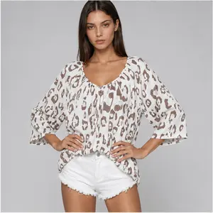 Women's Leopard Print Blouse - Summer Commuter Top with Deep V-Neck, Ruched Details, 3-Quarter Sleeves, Chic Design Fabric