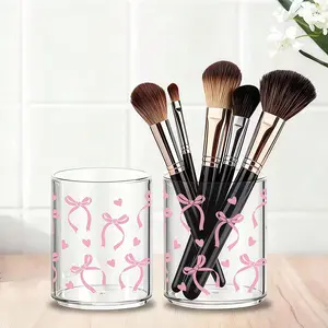 Cute Bow-Print Makeup Brush Organizer, Transparent Acrylic, Vanities & Accessories, Holds Lipstick, Brow Pencil, Eye Shadow Brushes, Makeup Brush Holder