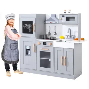 【GARVEE】Wooden Upright Kitchen Playset in Gray or White, 39.8" x 11.6" x 5.8" with 20-Piece Cookware Set, Ice Maker, Microwave, Oven, Range Hood, Sink, and Realistic Lights & Sounds for Imaginative Pretend Play