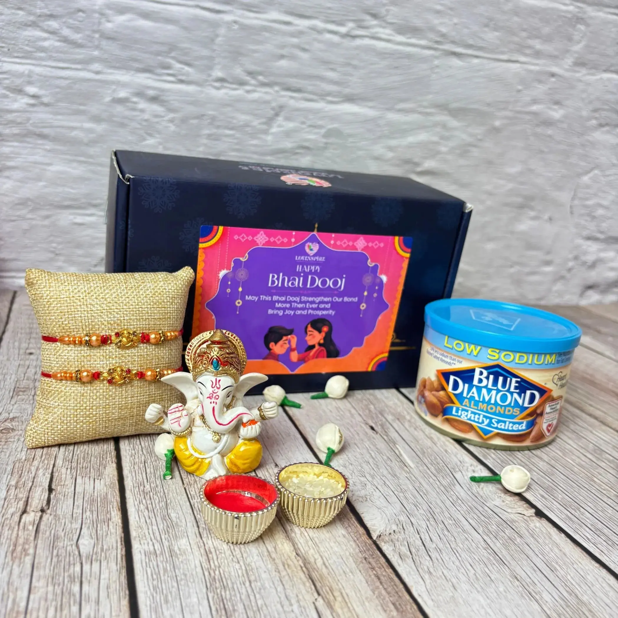 Bhai Dooj Gift Hamper for Brother Premium Gift Box with Statue Roli Chawal Ganesha Rakhi Almonds Bhaidooj Gifts Set for Bhai Rakhi for Brother Rakshabandhan Gifts