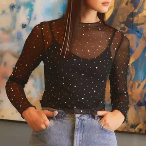 Black Rhinestone Sheer Mesh Slim Fit Long Sleeve Top - 95% Polyester 5% Elastane Sparkling Glamour Chic Top