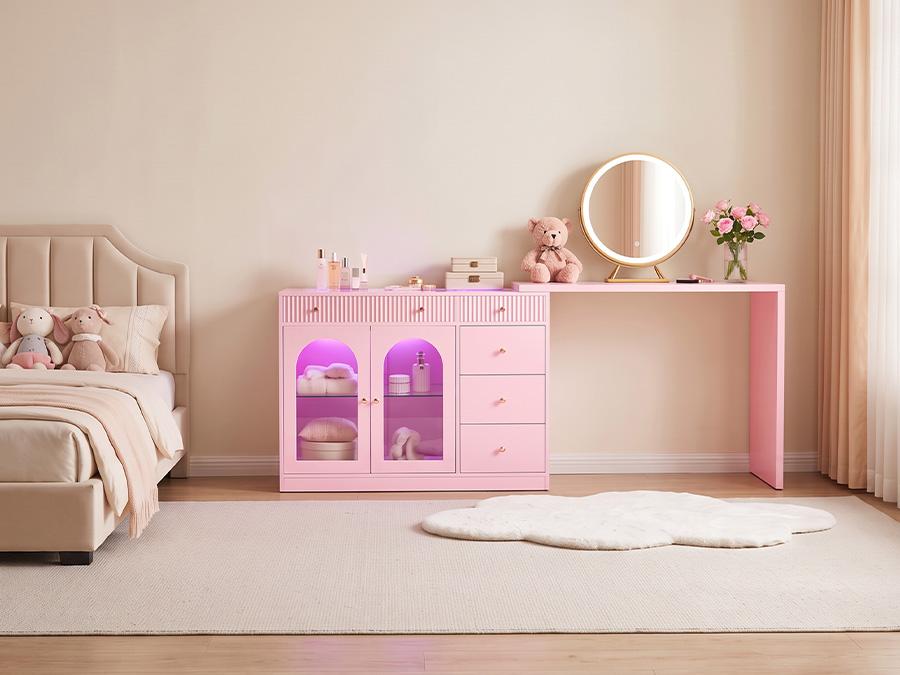 RoyalCraft 59''/75'' Makeup Vanity Desk with Lights, Rotatable & Extendable Dressing Table with Tempered Glass Top, L-shpaed Corner Vanity Table with Drawers and Doors, Perfect for Bedroom, Dressing Room, Pink/Black/White/Beige