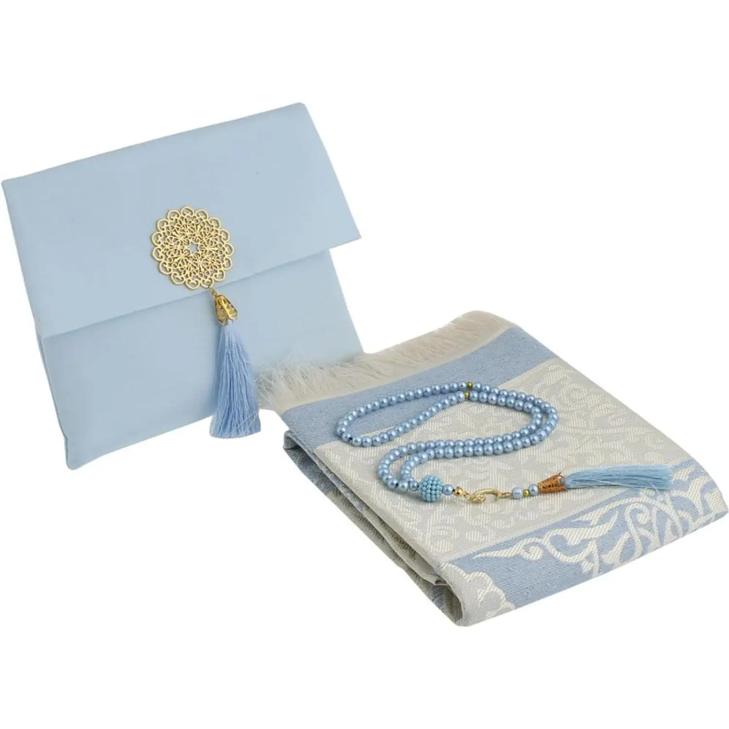 Muslim Prayer Rug with Tasbih and Portable Bag, Muslim Gift for Women Men, Mubarak Islamic Box, Soft Mat Islam Gifts Set, Turkish Sajadah for Ramadan, Eid, Hajj, Travel, Pray (Blue)