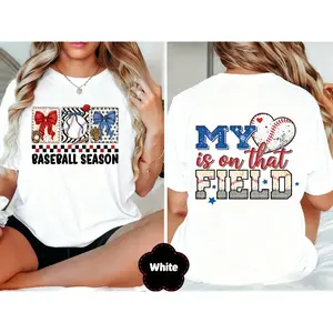 Cute Baseball Bow Double-Sided Print T-Shirt,Retro Baseball Mom Tee - Soft Breathable Short Sleeve Shirt With Baseball Bat, Game Day Outfit, Parent Gift, Casual T-Shirt For Little League Events, Machine Washable Relaxed Fit