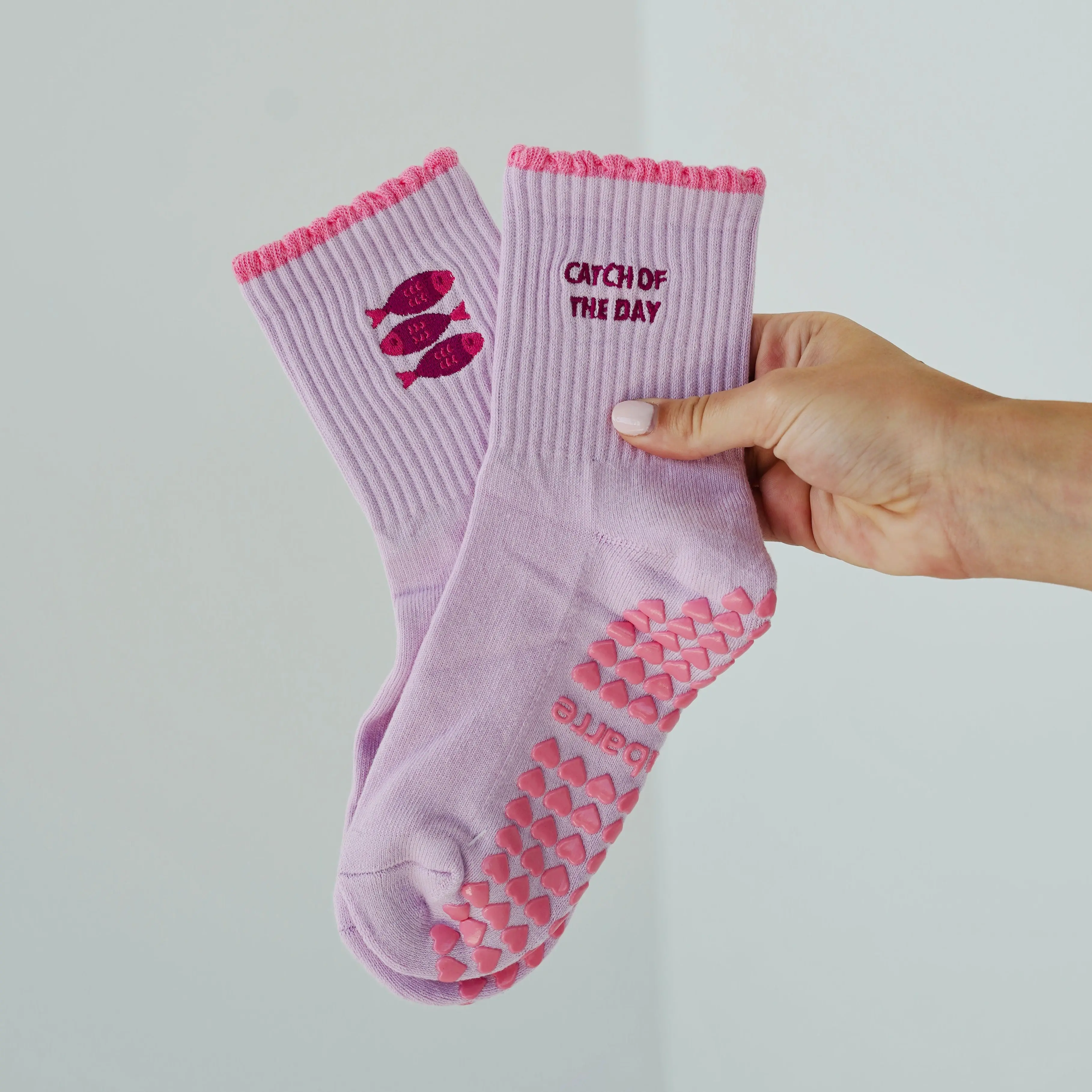 Catch of the Day Grip Socks- Purple - cute pilates socks with sardines - fun grip socks for pilates