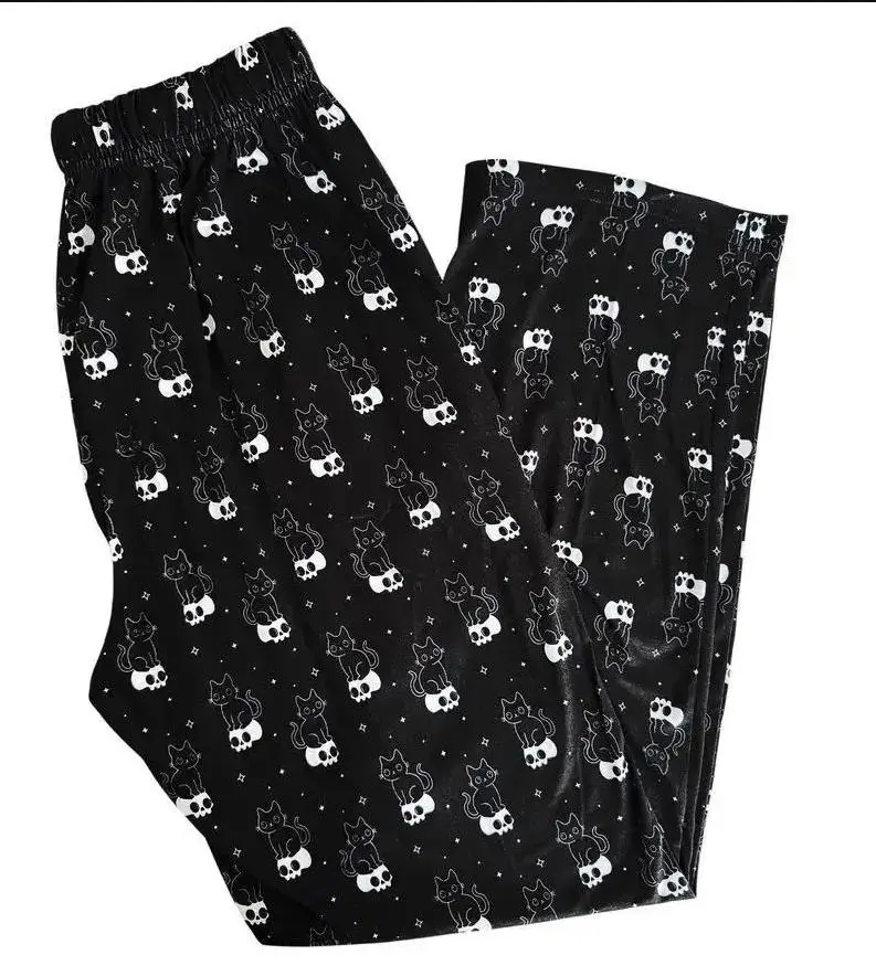 Gothic Cat Skull Pajama Pants, Spooky Cute Black Cat Print Lounge Pants, Unisex Wide Leg Casual Sleep Bottoms, Cozy All Season Comfortable Sleepwear For Men Women