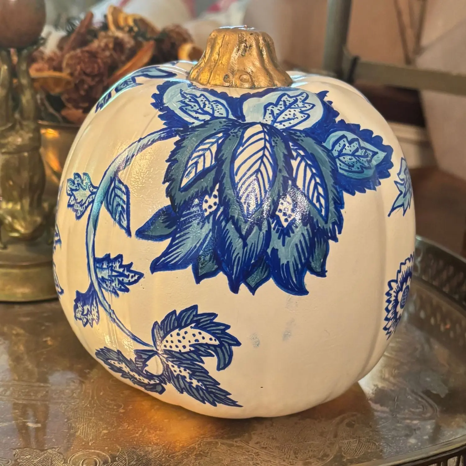 Cobalt Blooms Hand-Painted Pumpkin