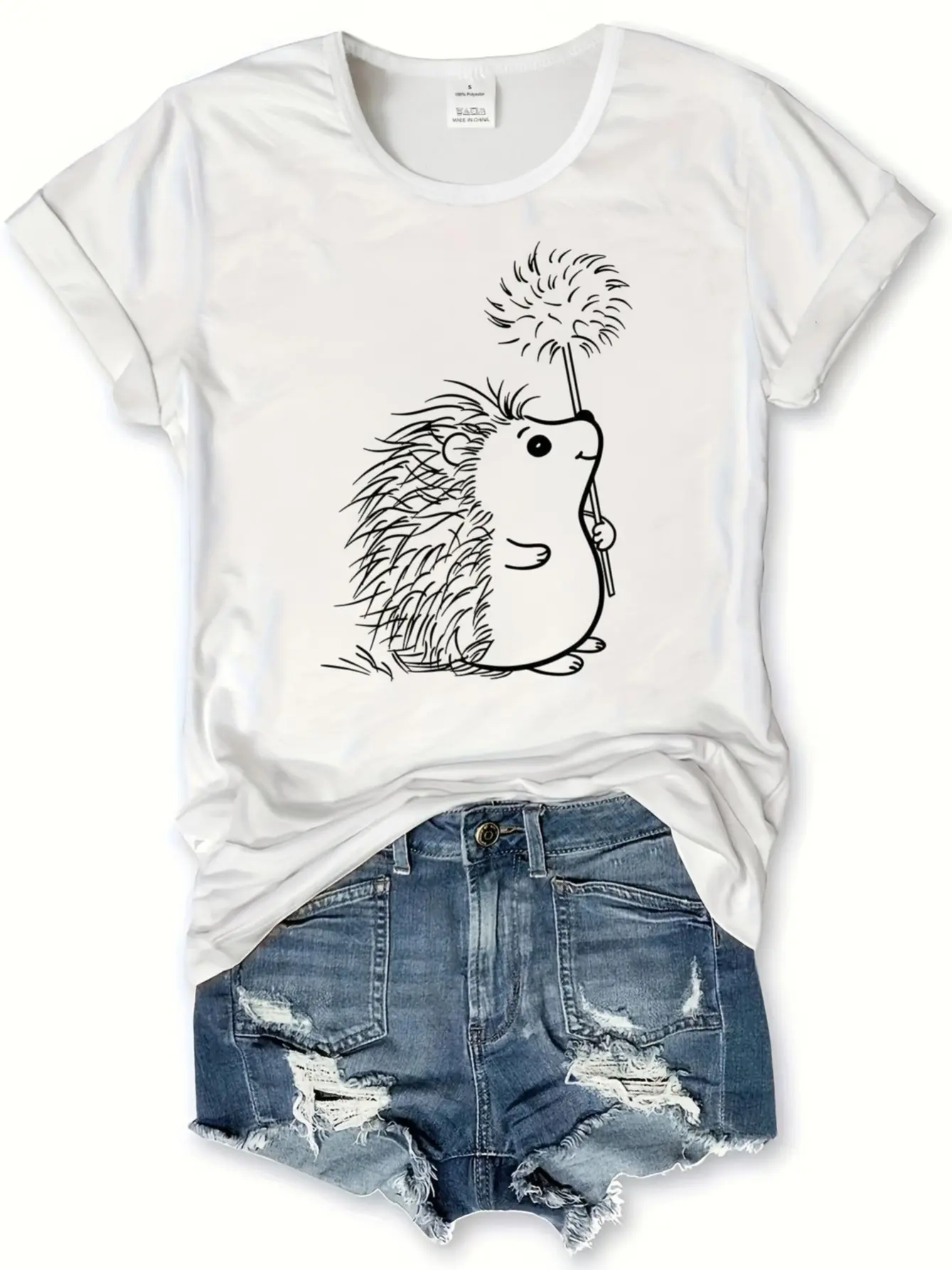 Women's Oversized Hedgehog Graphic T-Shirt, Cute Dandelion Line Art Print in 100% Soft Cotton, Relaxed Fit Casual Top, Shortsleeve, Tshirt, Lady, Breathable, Streetwear, Round Neck, Hedgehog Print, Loose-Fitting, Machine Washable, Xl, Women's Clothes, Cre
