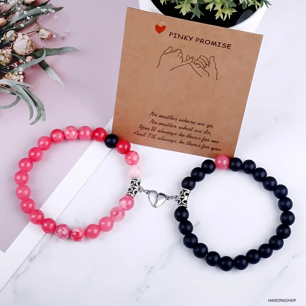 Beaded charm bracelet set, magnetic interlocking heart matching couple wrist jewelry for men and women, trendy exquisite versatile unisex accessory, sentimental heart pendant jewelry perfect for birthdays, anniversaries, everyday outfits, and dating.
