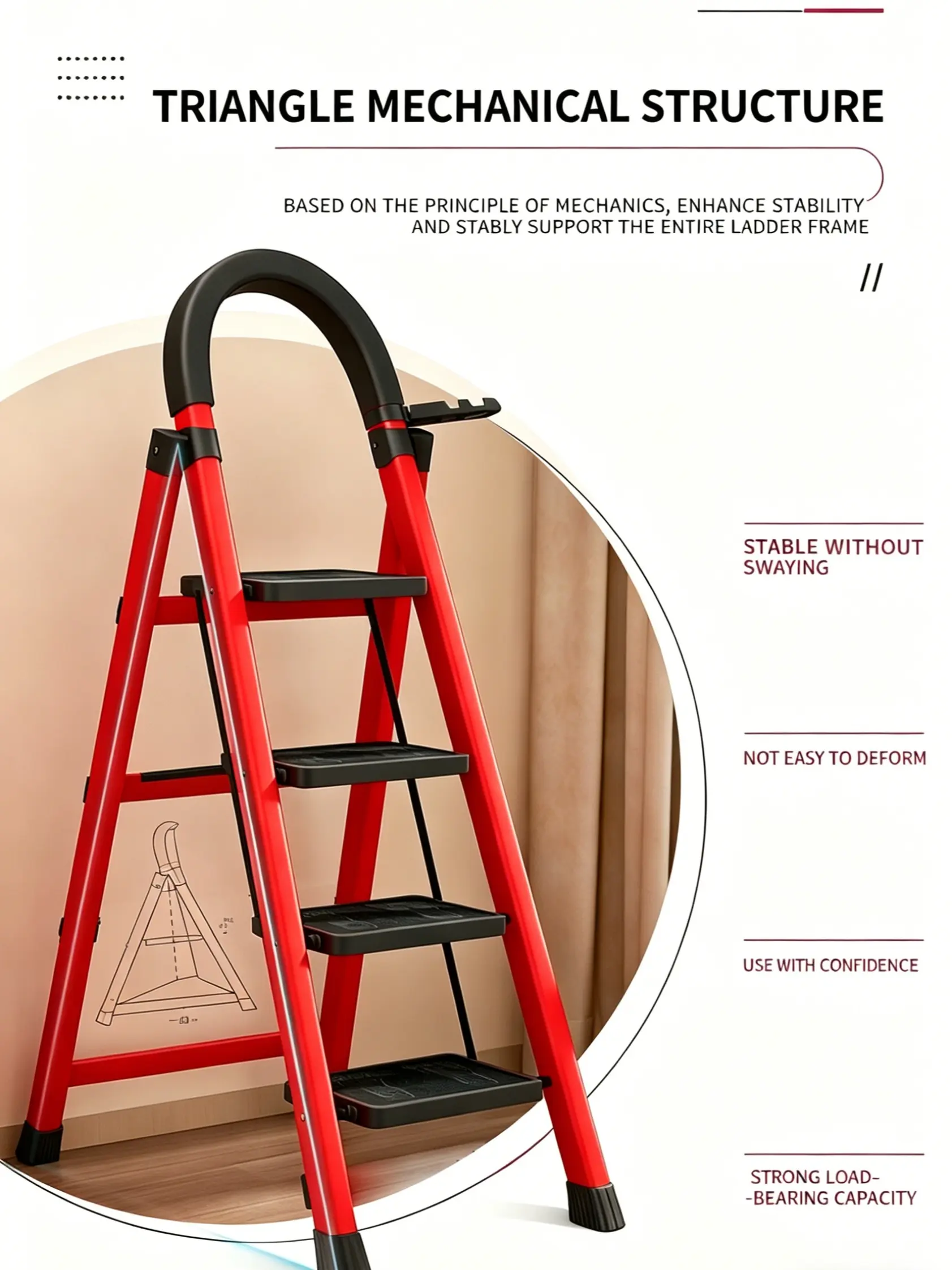 Household Stairs - Pink & Black & Red Ladder with Comfortable Handle Durable Carbon Steel Non-Slip Pads Foldable Design Safe Stable for All Home Tasks