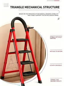 Household Stairs - Pink & Black & Red Ladder with Comfortable Handle Durable Carbon Steel Non-Slip Pads Foldable Design Safe Stable for All Home Tasks