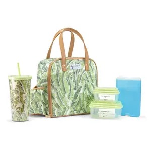 Fit & Fresh  Artist Collection Deluxe Lunch Kit, Green, Insulated Water Bottle, Vegan Leather, Lunch Tote