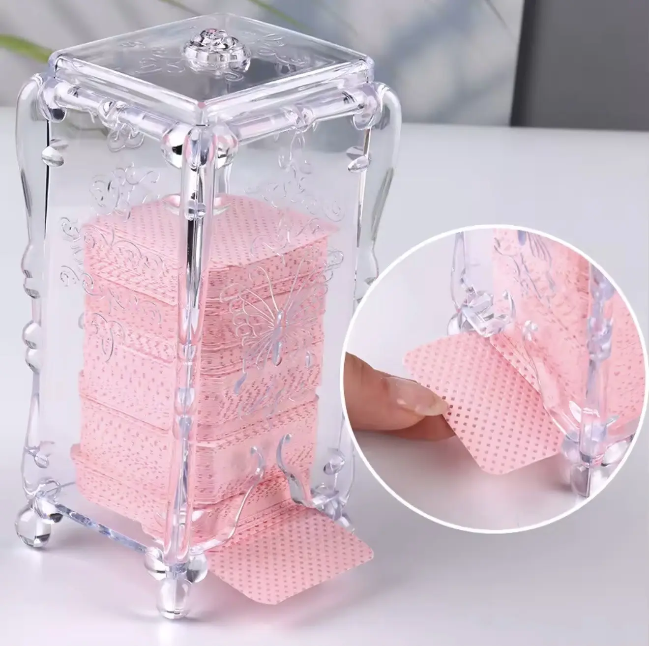 Transparent Acrylic Cotton Pad Storage Box, cosmetic box cotton, design butterfly acrylic,  Acrylic  Storage Box for Cotton Pads