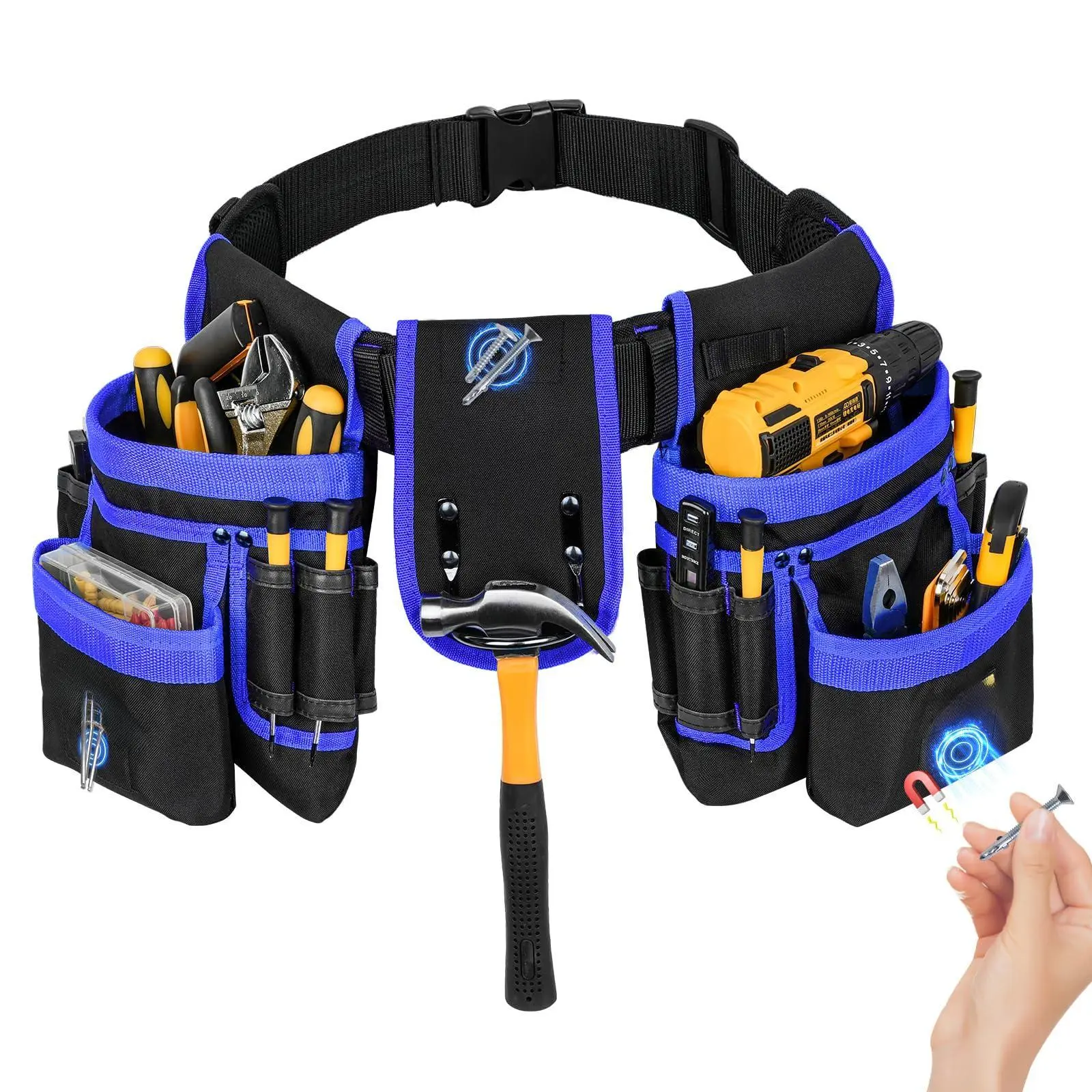 Magnetic Tool Belt with 27 Pockets - Heavy-Duty Detachable Tool Belt Pouches, Utility Work Apron for Electricians, Ideal Gift for Men (Birthday, Anniversary), Black & Blue Options Tool Belt Organizer Tool Organizer Accessories