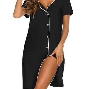 Women's Nightgown Button Down Nightshirt Short Sleeve Sleepshirt Soft V Neck Sleepwear Pajama Dress