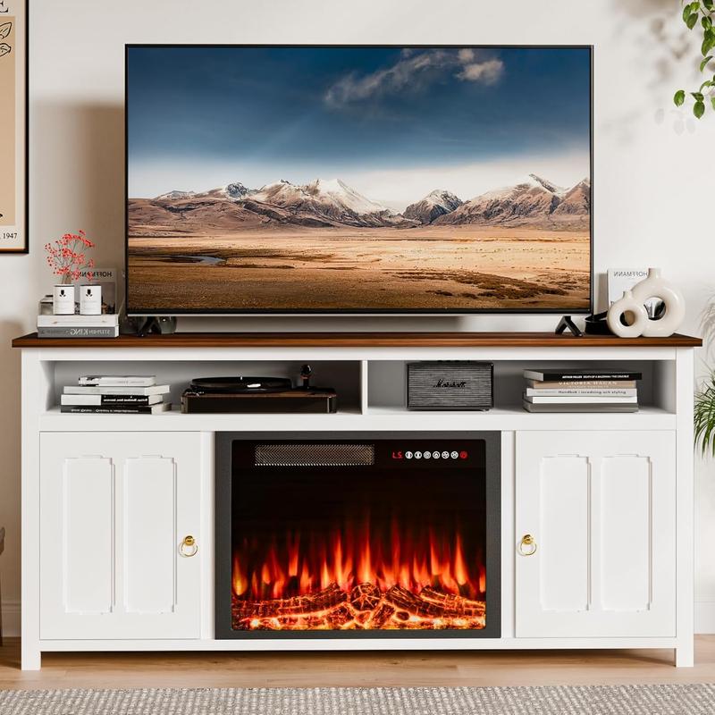 PUKAMI Sturdy Farmhouse Modern Wooden TV Stand Cabinet - 58-in W x 29-in H, 23-in Heating Electric Fireplace Heater, Open Shelves, Adjustable Divider, Fits Up to 65-in TV, Cozy Style (2 Packages Shipping)