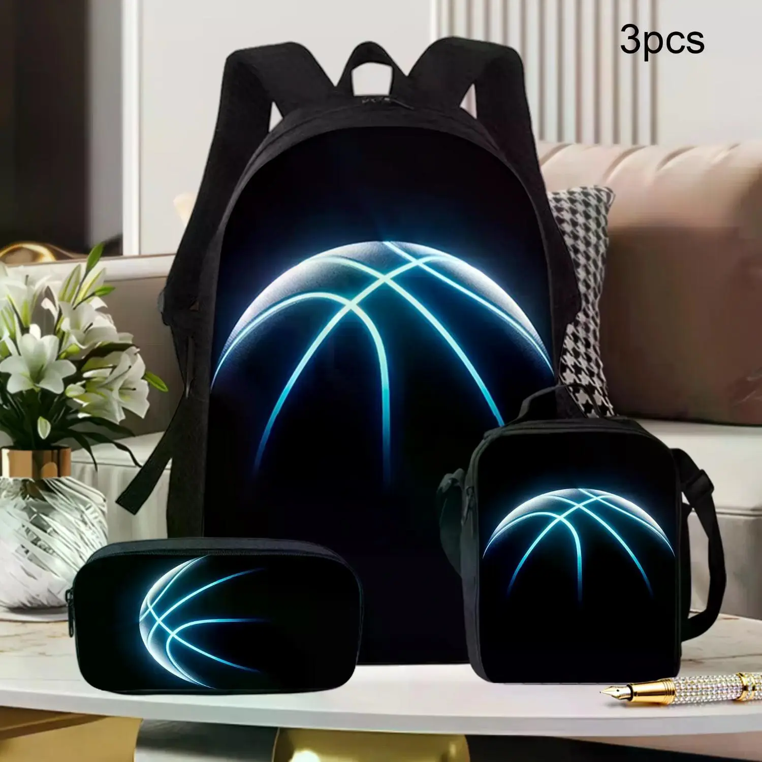 Neon Basketball Backpack Set for Kids & Teens, Blue Glow Sports School Bag with Matching Lunch Bag and Pencil Case, Basketball Travel Daypack, Back-to-School Gift