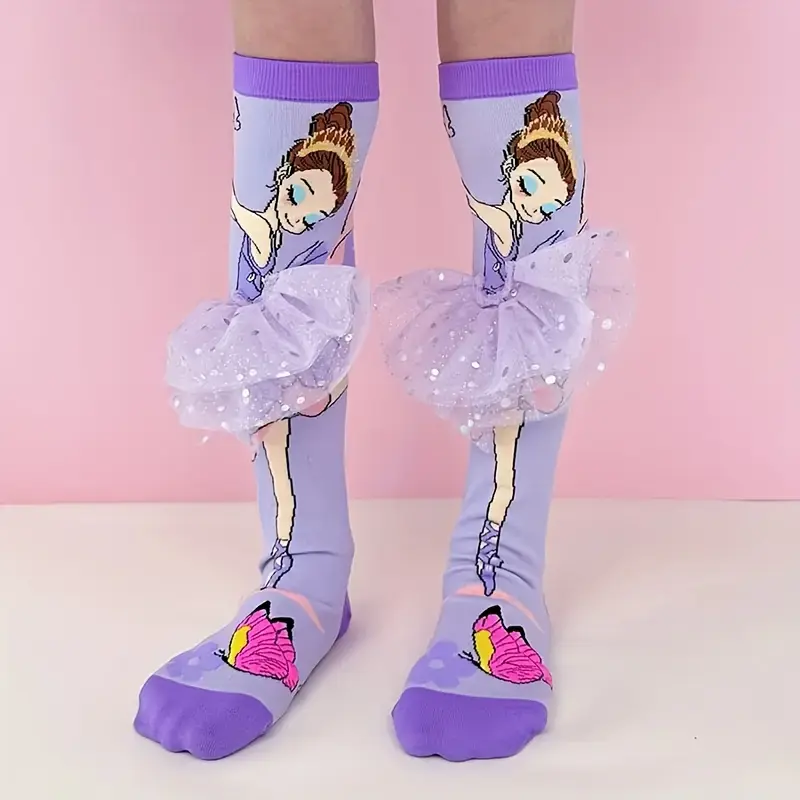 New[Sweet Glittery Ballet Socks] Sweet Glittery Ballet Girl Long Socks |       Butterfly Pattern, Tulle Skirt, Soft Comfortable for Dance & Everyday Wear