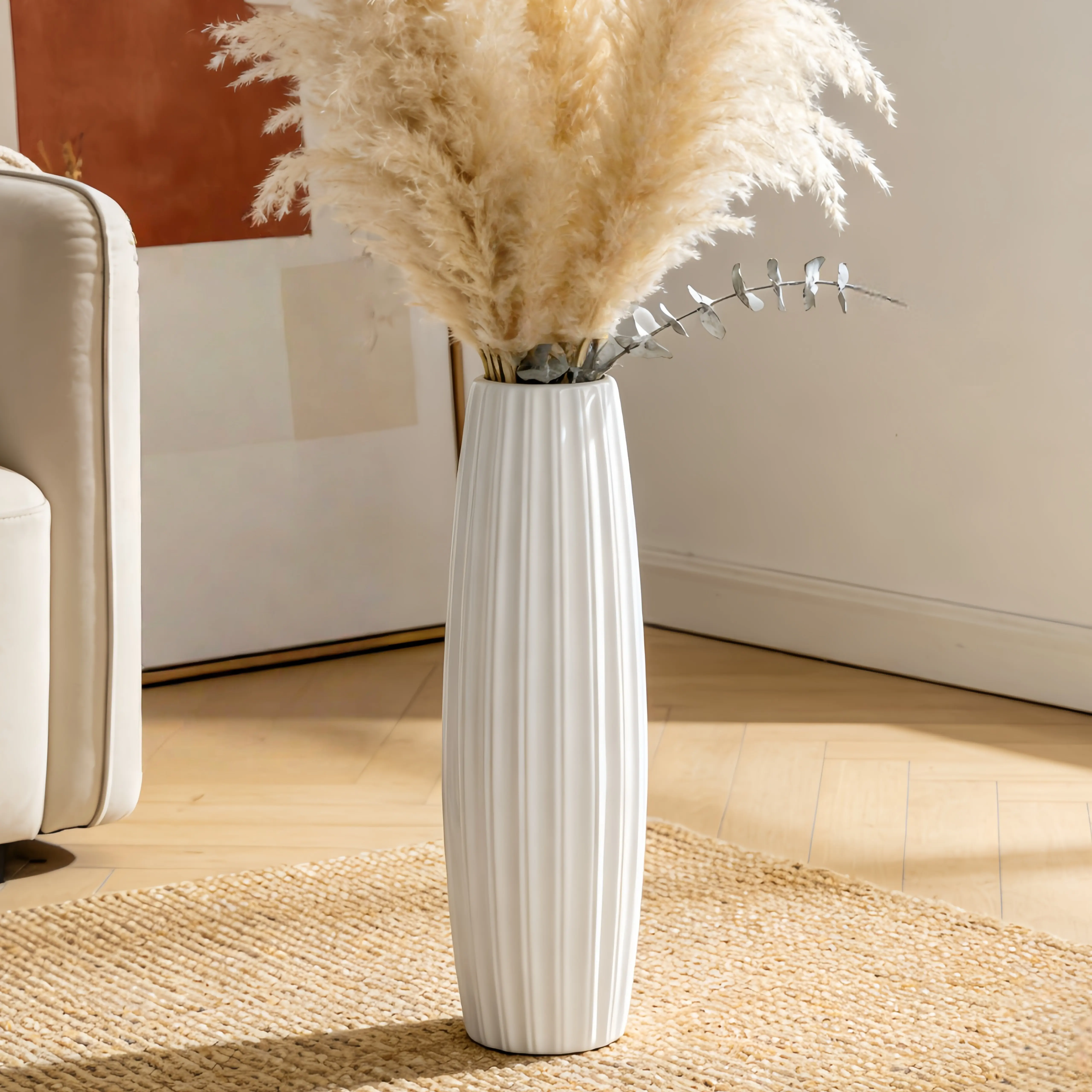 Tall White Ceramic Vase for Home Decor, Large Floor Vase with Glossy Textured Finish, Elegant Modern Accent Piece for Living Room Corner, Entryway and Bedroom