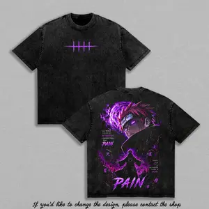 Pain Purple Rinnegan Vintage Washed T-Shirt, Naruto Shippuden Akatsuki Anime Graphic Tee, Almighty Push Shinobi Oversized Back Print Heavy Cotton Streetwear Shirt, Dark Manga Gym Pump Cover Gift for Anime Fans