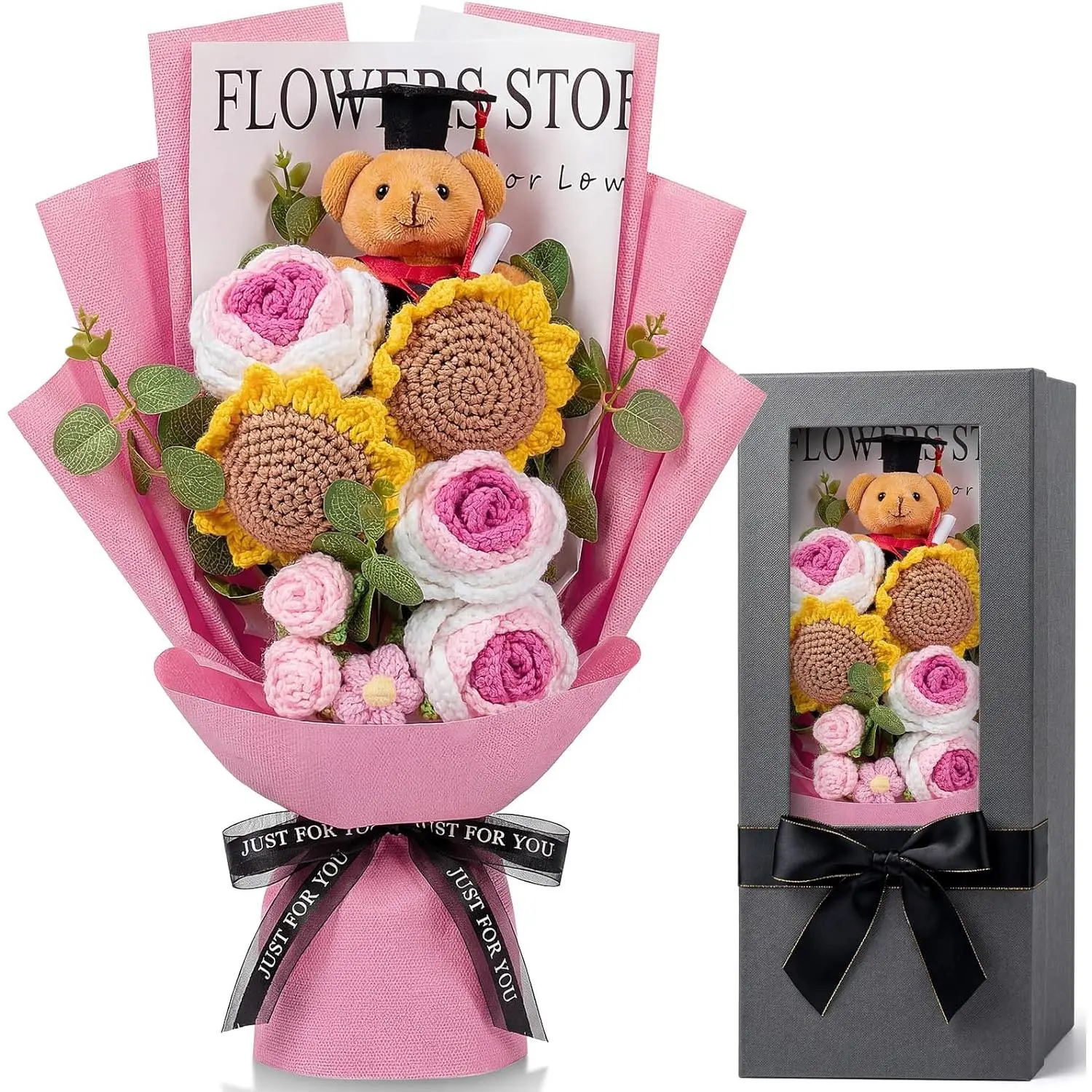 Fluffy Norme Pink Graduation Crochet Flower Bouquet Gift Box Set - 2026 Grad Cap Bear, Hand-Knitted Rose Sunflower, Greeting Card, Gift Bag for Wedding, Mother's Day Home Decor & Party Favors Supplies