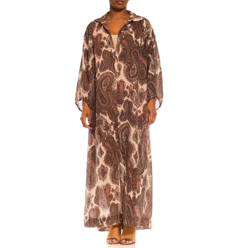 1970S GLORIA VANDERBIL Cream & Olive Green Paisley Poly Blend Boho Shirt Dress With Belt