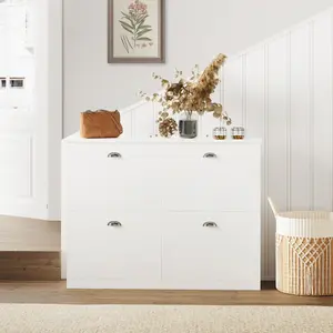 Narrow Shoe Cabinet with 4 Drawers – Hidden Slim Shoe Rack Cabinet, Flip Top Drawer Storage for Entryway Hallway Bedroom, White – Shoe Storage Organization Household Items