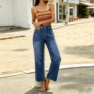 Women 's Vintage Casual Button Up Denim Washed Distressing Loose Jeans for Daily Casual Wear