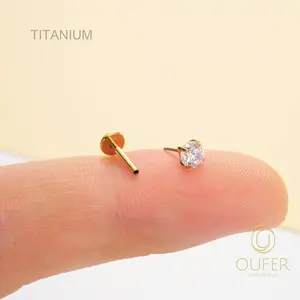 Oufer 16G Titanium Prong CZ Threadless/Push Pin Labret/Tragus/Cartilage/Conch/Helix Flat Back Earring/Nose Stud