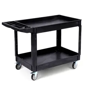 Heavy Duty 2-Shelf Utility Cart on Wheels – 550 lbs Capacity, Rolling Service Cart with Locking Swivel Casters, Large Plastic Multi-Purpose Storage Trolley for Warehouse, Garage, Workshop, Kitchen, Office – Black