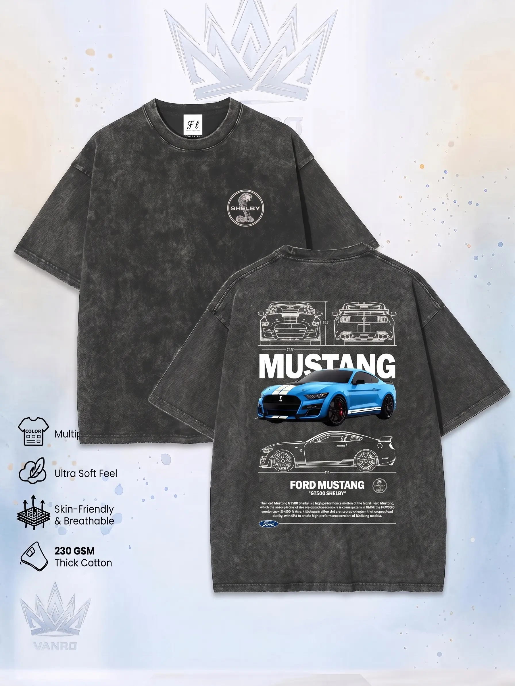 Mustang GT500 S~5XL Oversize Unisex Washed T-Shirt for Women and Men's Unisex Fit Batik Cotton Streetwear Menswear  Super Soft Pre-Shrunk Print Tee Anime Men Women Tees Men's T-Shirt