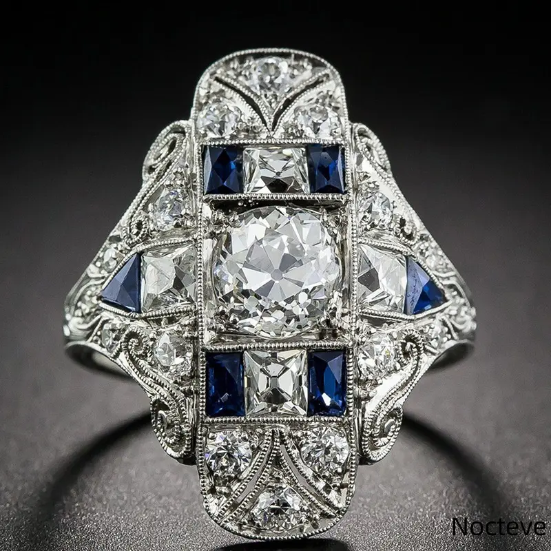 Women’s Vintage Court Hollow Floral Simulated Topaz & Sapphire Base Alloy Ring, Luxe Formal Banquet Evening Jewelry & Noble Elegant Feminine Holiday Gift Wear