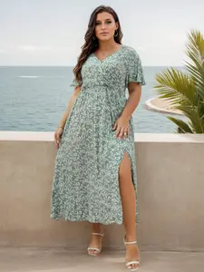 【Plus Size】 Ditsy Floral Print Wrap Split Thigh Dress, Boho Fashion Dress, Boho Butterfly Sleeve V Neck A Line Dress for Beach Holiday Vacation, Women's Clothes for Summer