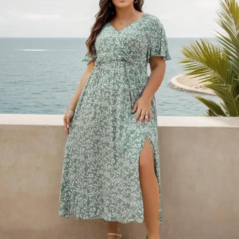 【Plus Size】 Ditsy Floral Print Wrap Split Thigh Dress, Boho Butterfly Sleeve V Neck A Line Dress for Beach Holiday Vacation, Women's Clothes for Summer, Bohemian Casual Dress