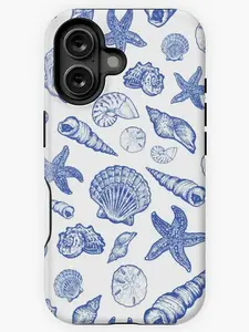 Blue Seashell Print Tough Phone Case, Shockproof Drop Protection for iPhone 11 12 13 14 15 16 17 Pro Max Plus