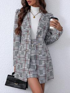 two-piece set women's plaid print button front blazer & pocket skirt set, casual lapel neck long sleeve outerwear & short skirt for work office business, ladies spring & fall clothes, womenswear