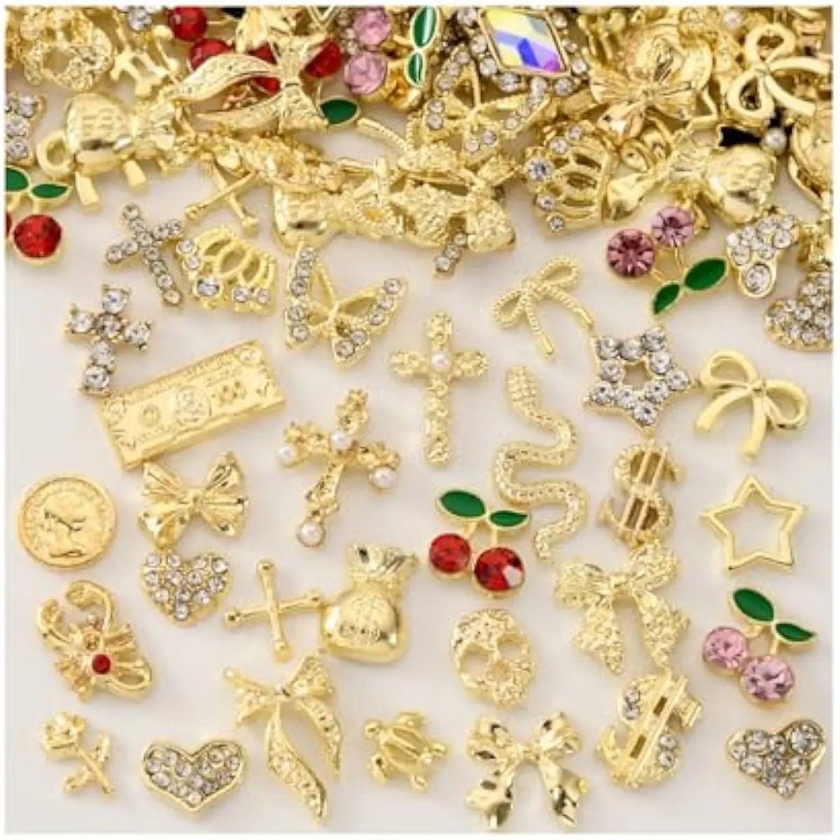 100Pcs Gold Nail Charms and Gems Charms for Nails Design Gold Charms for Nails Metal Bow Cherry Butterfly Cross Heart Star and Flowers