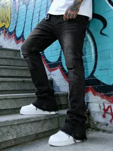 Y2K Style Men's Black Gradient Stone Wash Bell Bottom Denim Jeans Street Style Y2K Style Men's Casual Jeans Pants, Soft and Elastic Fabric, Suitable for Daily/Leisure/Streetwear, Menswear