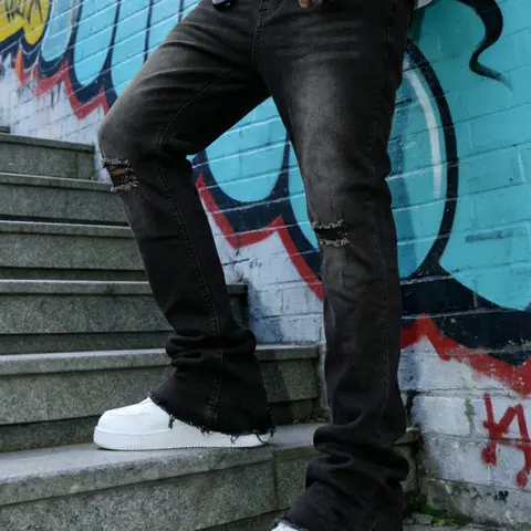 Y2K Style Men's Black Gradient Stone Wash Bell Bottom Flare Denim Jeans Street Style Y2K Style Men's Casual Jeans Pants, Soft and Elastic Fabric, Suitable for Daily/Leisure/Streetwear, Menswear