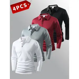 Four Piece Set of Autumn New Men'S Long Sleeved Polo Shirt, Available in Multiple Colors, Classic Solid Color Design, Versatile And Fashionable, Men'S Shirt, Polo Shirt, Polo Collar, Spring And Autumn Preferred Long Sleeved Top, Sports And Leisu, for Than