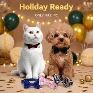 Plaid Bow Tie Pet Collar with Bell – Adjustable Quick Release Breakaway Cat Dog Poodle Necklace for Small Medium Puppy Kitten – 5 Colors Holiday Festival Series – Soft Fabric Safety Buckle for Daily Party Wedding