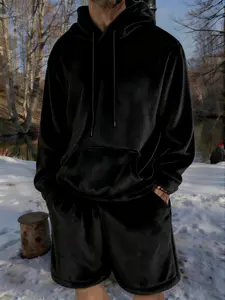 Men's and couples' warm plush hoodie drawstring elastic drawstring shorts set, casual, trendy and fashionable. hoodie comes with a hat and cute little bear ears, soft and skin-friendly. fall outfit Men's and couple's sets for daily use outside the home