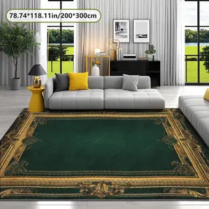 Luxury Velvet Rug with Gold Border Pattern Print, Decorative Rug Soft Comfortable Home Decor Carpet for Living Room Sofa Bedside Coffee Shop Use