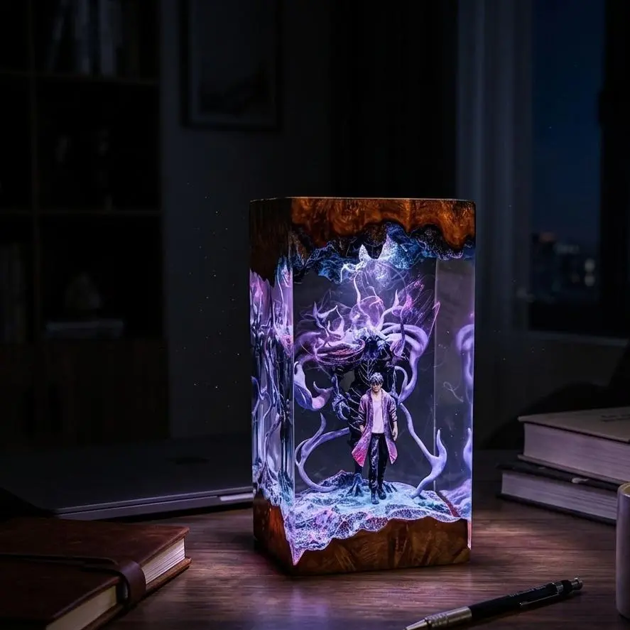 Solo Leveling Sung Jinwoo & Beru LED Resin Lamp | Handmade Anime Night Light | USB Powered with Remote | Gaming Room Decor | Anime Gift