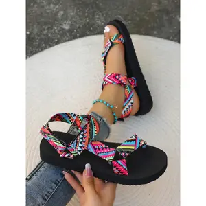 Style Colorful Strap Flat Sandals, Casual Trendy Slingback Sandals, Fashionable Sandals for Summer Beach Vacation, Bohemian Sandals