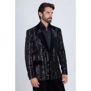 Montreal Sequin Blazer - Menswear Casual Dress Velvet Lapel Slim Fit Geometric Sequin Design One-Button Closure Regular Length