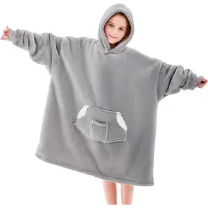 Wearable Blanket Hoodie for Kids With Hood And Pocket, Sherpa Oversized Cozy Sweatshirt Blankets Ideal Gifts For Girls Boys (Grey)