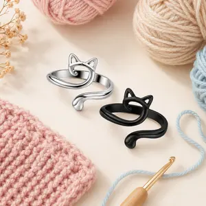 2PCS Crochet Ring, an Adjustable Thread Guide Ring Used to Control Tension, a Cute cat Ring, Suitable for Quick Crochet., SilverBlack
